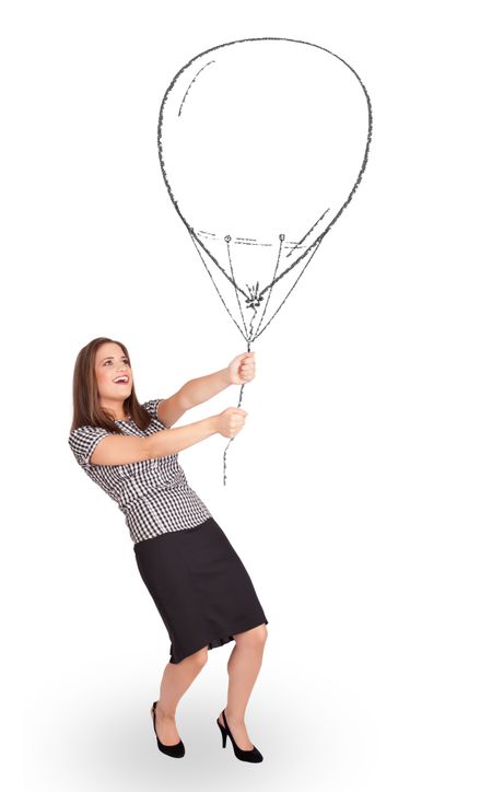 Pretty young woman holding balloon drawing