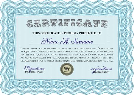 Sky blue certificate or diploma template. Light blue color with sample text.