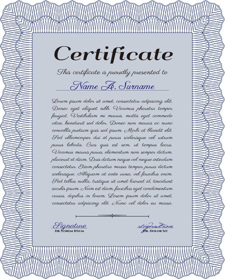 Vertical certificate or diploma template. Blue color, with background and sample text.