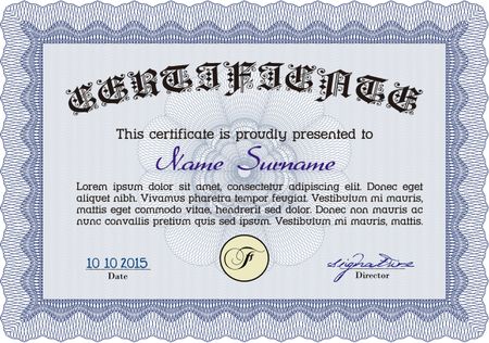Blue horizontal Certificate, Diploma of completion with guilloche pattern and background, border, frame. Certificate of Achievement, Certificate of education, awards, winner.