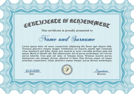 Sky blue certificate or diploma template. Horizontal.