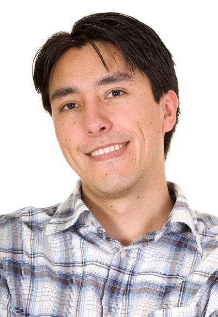 casual latin american man portrait over a white background