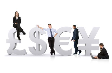 business worldwide team around their currency denominations over white