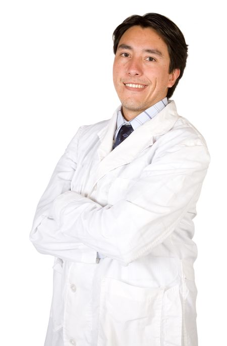 latin american doctor smiling over a white background