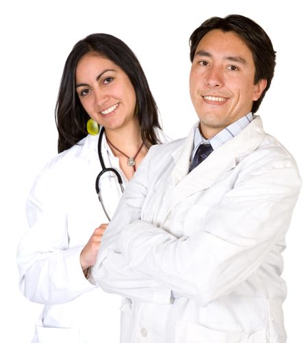couple of latin american doctors over a white background