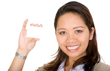 asian business woman holding a business card over a white background