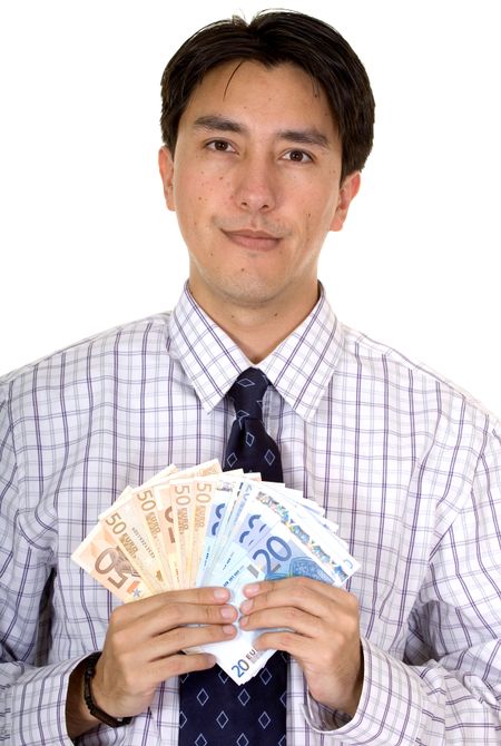 business man holding euro notes over a white background