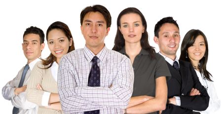 business partners and their diverse team over a white background