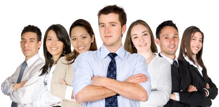 confident business man and his business team - group formed of people from all over the world - isolated