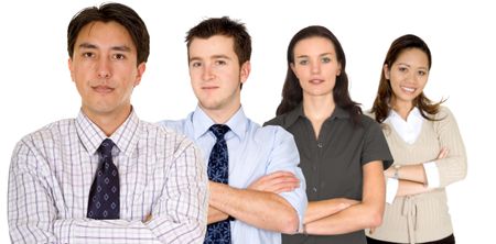 confident business man and his business team - group formed of people from all over the world over a white background with a latin american man leading
