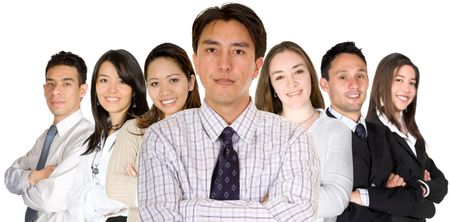 confident business man and his business team - group formed of people from all over the world over a white background