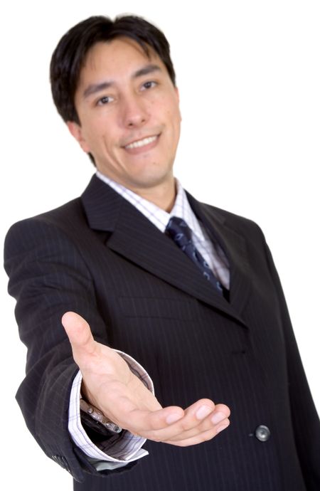 business man extending his hand offering to close a deal over a white background
