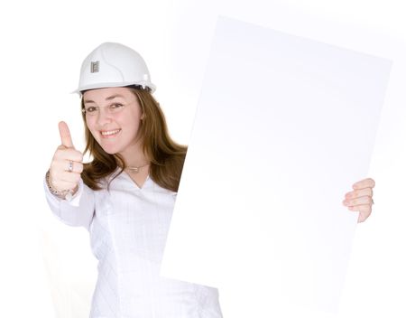 female architect holding a white card with thumbs up over a white background