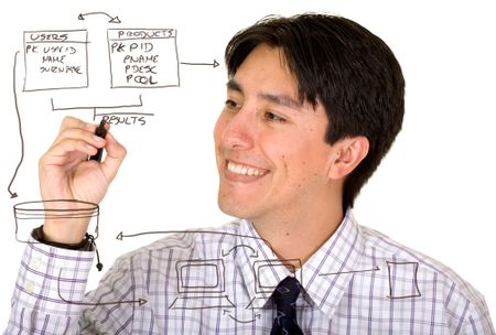 business man drawing a database plan on the screen over a white background