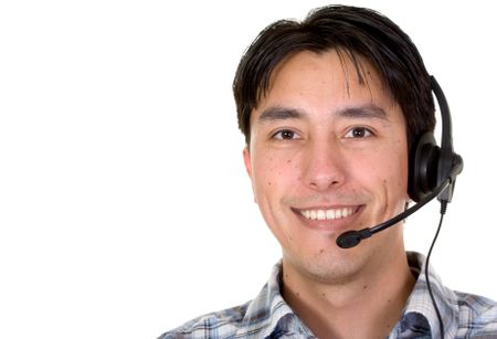 friendly customer service man smiling over a white background