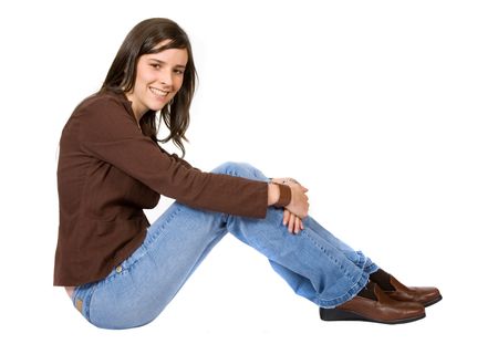 beautiful girl portrait on the floor over a white background