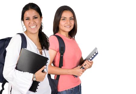 beautiful students looking very happy over white