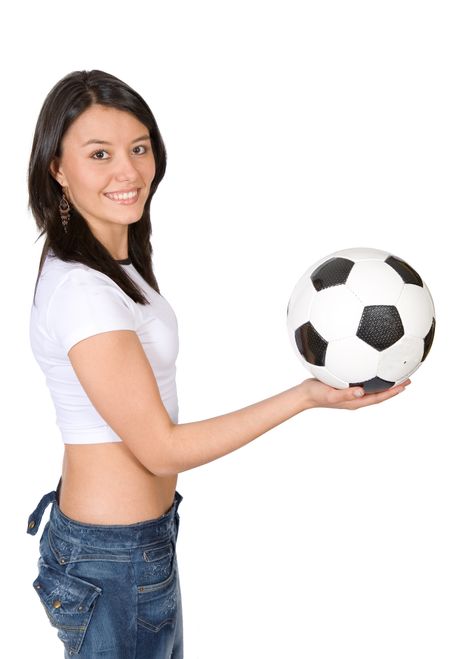 girl holding a soccer ball over a white background