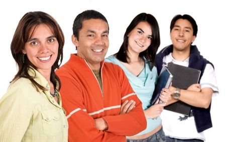 group of happy young people over a white background