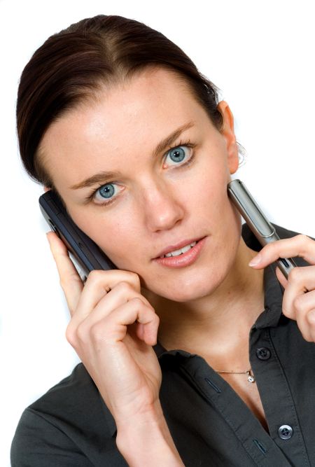 confident looking business woman on the phone over white