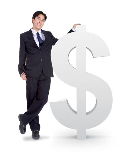 business man next to a money sign over a white background