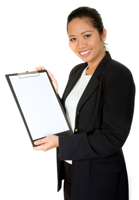 asian business woman showing a folder over a white background