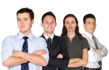 confident business man and his business team - group formed of people from all over the world over a nice blue sky
