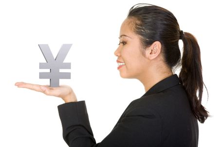 asian business woman holding a yen on her hand over a white background