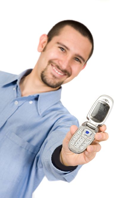 business man on the phone over a white background