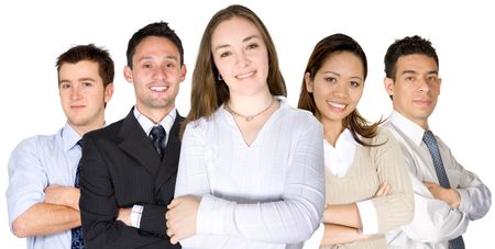 confident business woman and her team formed by diverse business people over a white background