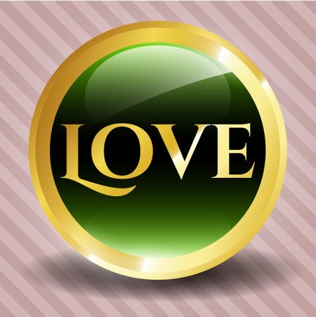 Gold shiny emblem with text "love" inside