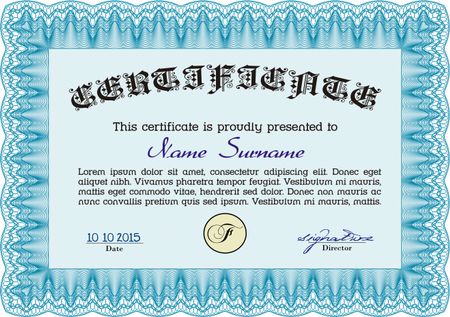 Sky blue certificate template with complex border design