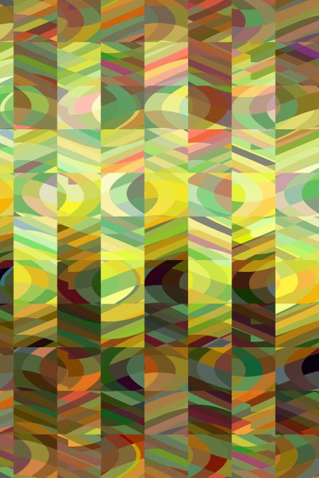 Kaleidoscopic abstract mosaic of multicolored squares with curves and stripes for tropical, urban, or festive themes in decoration or background