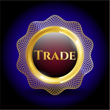 Trade golden emblem. Shiny golden object with text trade inside
