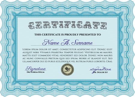 Sky blue certificate or diploma template with complex design and sample text