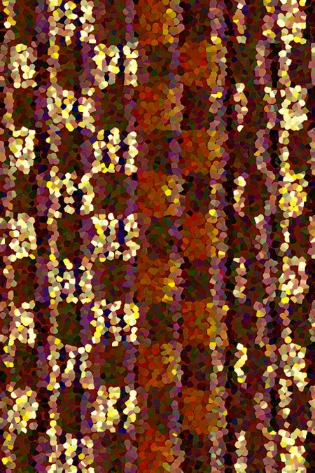 Pointillist multicolored abstract with predominance of red and yellow on wine-red background, like a patterned curtain of beads