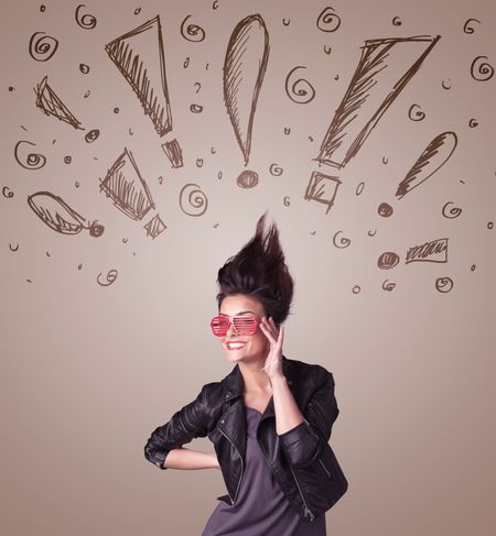 young-woman-hair-style-hand-drawn-264612095 Young woman with hair style and hand drawn exclamation signs concept on background