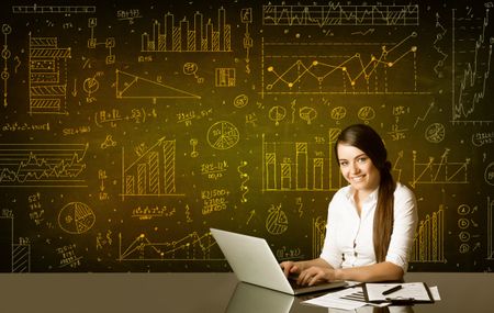 Businesswoman sitting at black table with hand drawn diagram background 