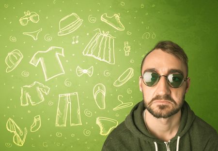 happy-young-man-glasses-casual-clothes-264661526 Happy young man with glasses and casual clothes icons concept on green background