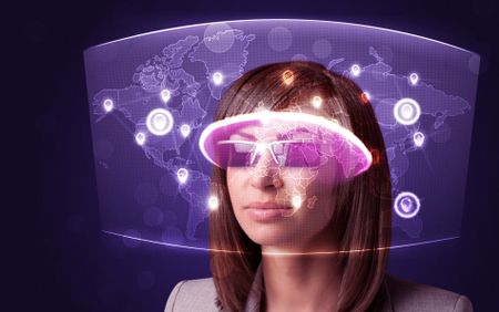 Young woman looking at futuristic social network map concept