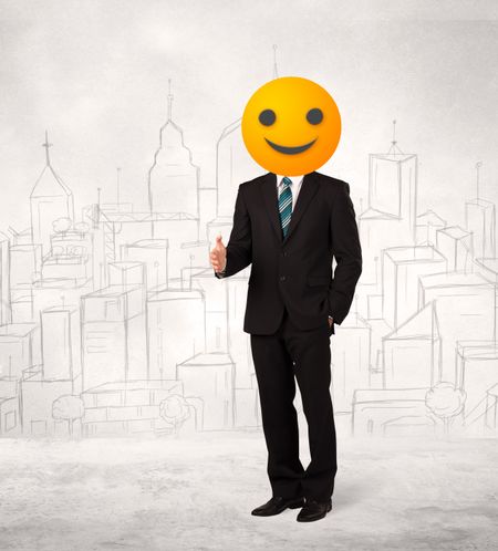 Funny businessman wears yellow smiley face