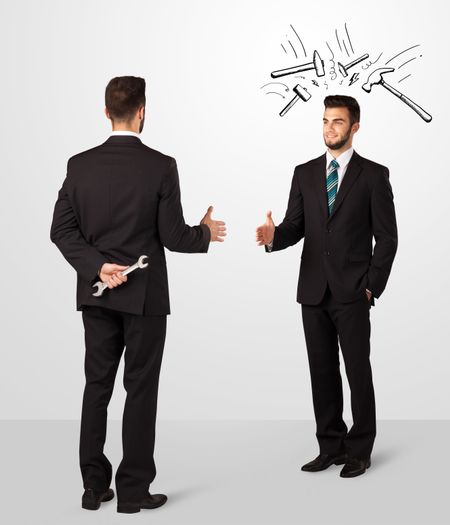 ruthless-businessman-hiding-weapon-white-drawn-264679016 Ruthless businessman hiding a weapon white drawn beating hammer marks