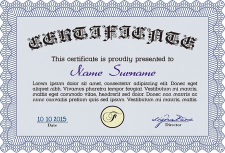 Blue horizontal certificate template with complex border design.