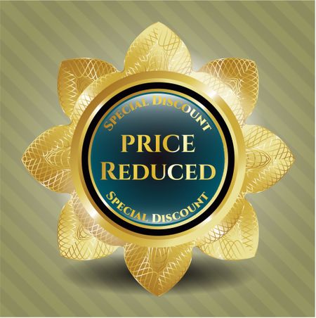 Price reduced gold flower. Golden shiny badge with text price reduced insde.