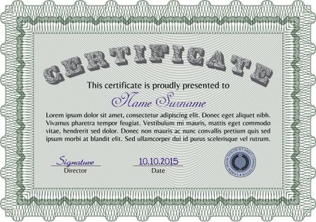 Green certificate or diploma template. Horizontal with sample text