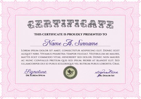 Pink Certificate, Diploma of completion with guilloche pattern and background, border, frame. Certificate of Achievement, Certificate of education, awards, winner.