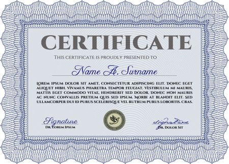 Blue certificate template with sample text