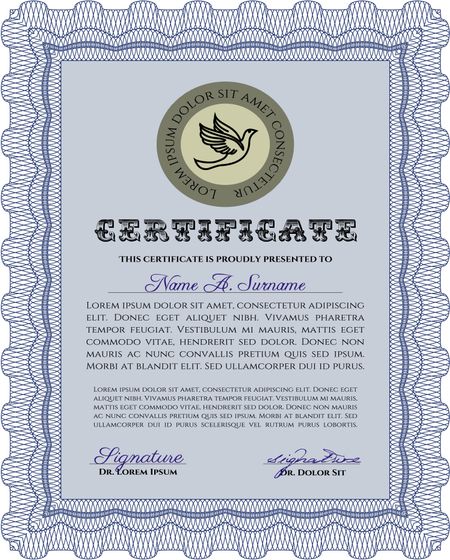 Vertical blue certificate or diploma template with sample text
