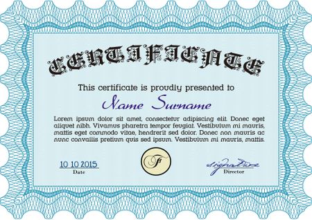 Sky blue certificate or diploma template with sample text