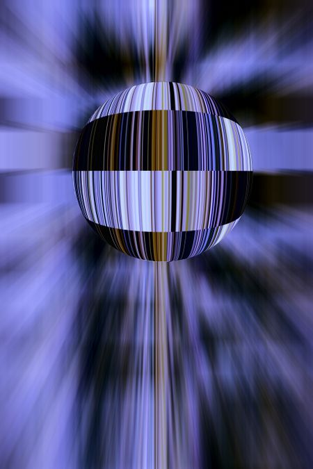 Conceptual abstract of a future world with striped wraparound patterns like barcodes, surrounded by radial blur, for themes of standardization, identification, and interplanetary consumerism